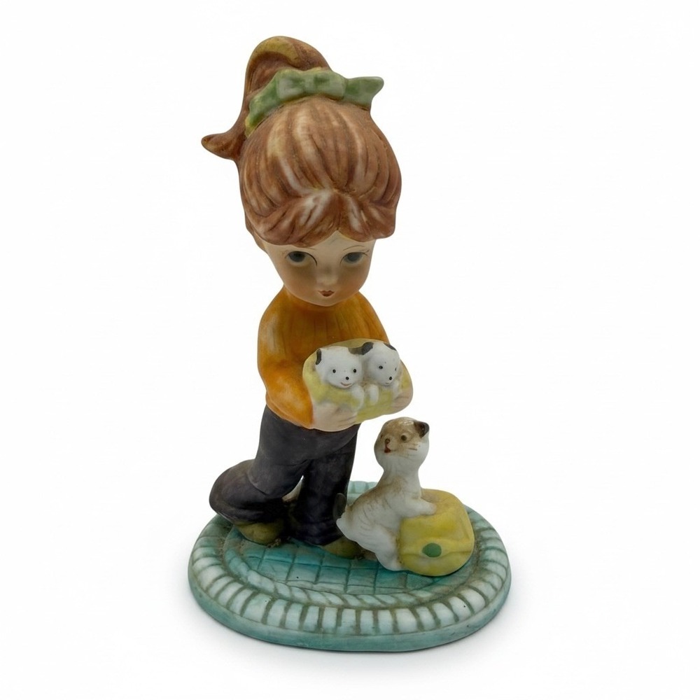 Vintage Porcelain Girl Holding Puppies Basket & Cat Pet Statue Cottagecore Decor